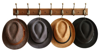 Stylish fedora hats hang on a rustic wooden rack showcasing classic fashion and accessory choices for any discerning individual. Isolated on white or transparent png.