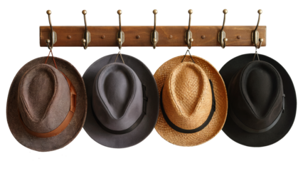 Stylish fedora hats hang on a rustic wooden rack showcasing classic fashion and accessory choices for any discerning individual. Isolated on white or transparent png.