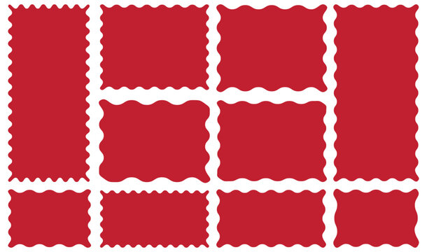 Set of with zigzag frames edge red color silhouette scalloped scallop edge shape rectangle shape. Geometric shapes with scallop and zigzag edges set. Silhouette sticker. Rectangular jagg box element.