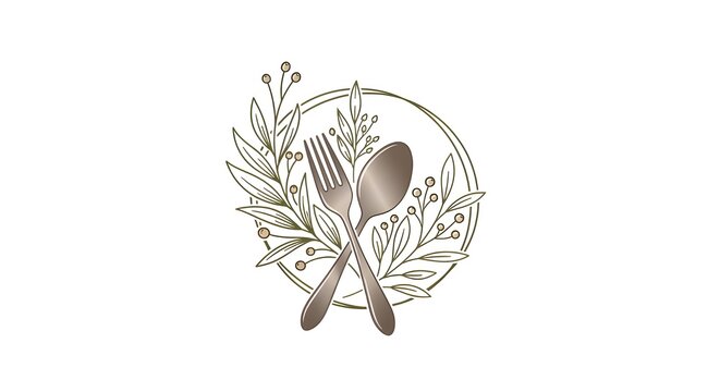 Rustic Culinary Crest. An elegant emblem featuring crossed fork and spoon, framed by a circular wreath of earthy leaves and berries—symbolizing natural dining, organic cuisine and refined hospitality.