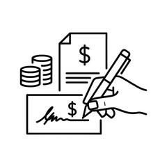 Signature loan concept, hand signing document with money and coins