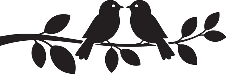 Two black bird silhouettes facing each other on a branch with leaves white