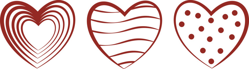 Monochromatic vector clip art set featuring three distinct, stylized heart icons in deep burgundy: concentric rings, wavy stripes, and classic polka dots, ideal for romantic graphic elements.