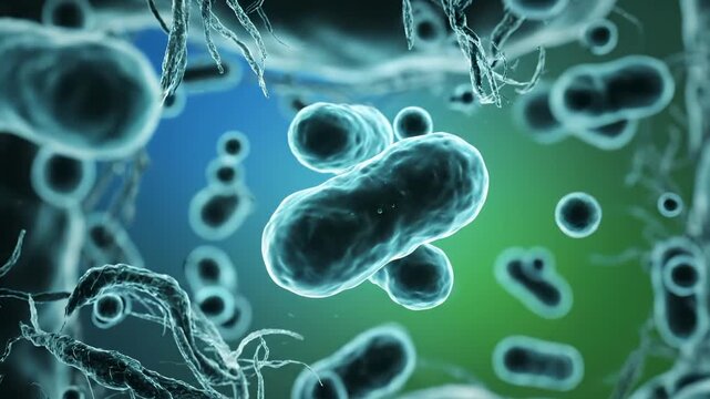 Floating bacteria and microbe colony. Cell structures drift among fiber strands. Pathogen cluster suggests infection risk. Microbiology research and biology study. Medicine image showing disease now.
