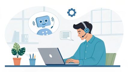Person using laptop in modern workspace, engaged in conversation with virtual assistant. scene conveys sense of efficiency and technology in customer support