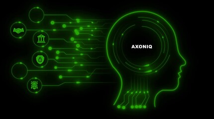 A I brain network connections artificial intelligence technology concept digital human head glowing green circuit board data flow nodes and icons for partnership security and automation - Powered by Adobe