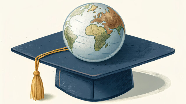 Globe symbolizing global knowledge rests on graduation cap, representing education and learning. This conveys importance of knowledge in global context