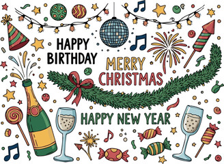 WebCreate Colorful Doodle party. Birthday invitation, Merry Christmas and New Year festive carnival elements with disco ball, garland and champagne bottle and glass, hat and firework, candy on white 