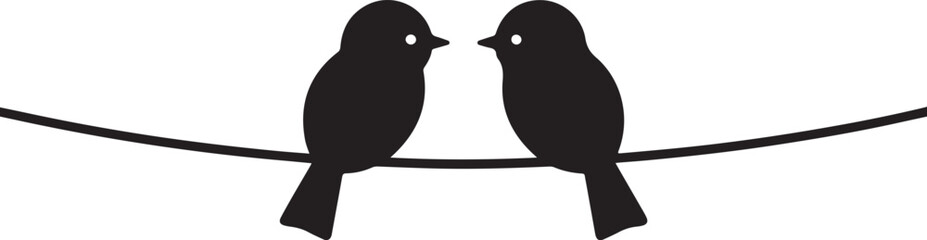 Two black silhouette birds facing each other perched on a thin black line black and white