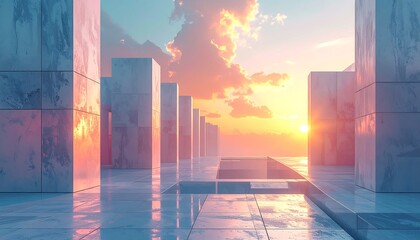 Marble columns line a bright, glossy walkway with a sun-drenched horizon visible in the distance