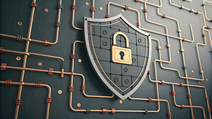 Shield symbolizing security is prominently displayed against backdrop of interconnected pipes and locks, representing network of protection and safety. design conveys sense of strength