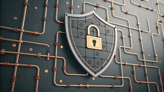 Shield symbolizing security is prominently displayed against backdrop of interconnected pipes and locks, representing network of protection and safety. design conveys sense of strength