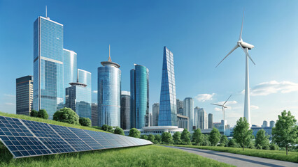 Sleek futuristic city features glass towers, wind turbines, and solar panels, showcasing blend of modern architecture and sustainable energy solutions. vibrant skyline reflects innovation and eco