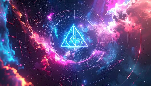 Nebula cosmic art. Electric triangle with hand symbol & circular shapes against vibrant pink & purple galaxy backdrop