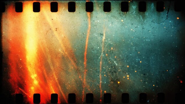 Aged film strip with vibrant orange/blue abstract nebula-like light effects