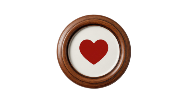  Red heart icon enclosed in a circular frame with clean lines and glossy finish, romantic symbol isolated on white background
