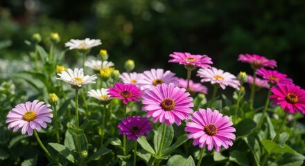 Obraz premium Vibrant pink and white daisies in a garden bed