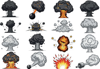 Create Create Explosive smoke cartoon clouds. Manga dark smoke puffs and swirling cloud. Bomb smoky explosions, dust and vapor steam for comic scene, fire blast effect and car exhaust on white backgro