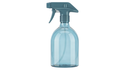 Professional blue spray bottle with clear liquid for cleaning solutions and disinfectants, perfect for household and commercial use isolated on white or transparent png.