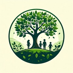 Cartoon-style illustration of a tree with family under the branches inside a circle