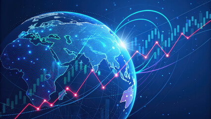 Vibrant blue digital globe pulsating with data, showcasing global connectivity and financial growth through rising graphs and charts, symbolizing progress and innovation