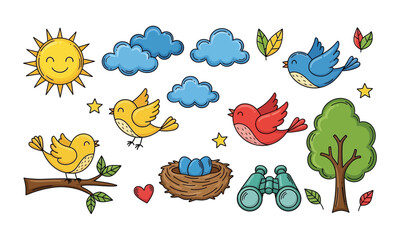 Cute cartoon birds, sun, clouds, tree, nest, binoculars, and leaves
