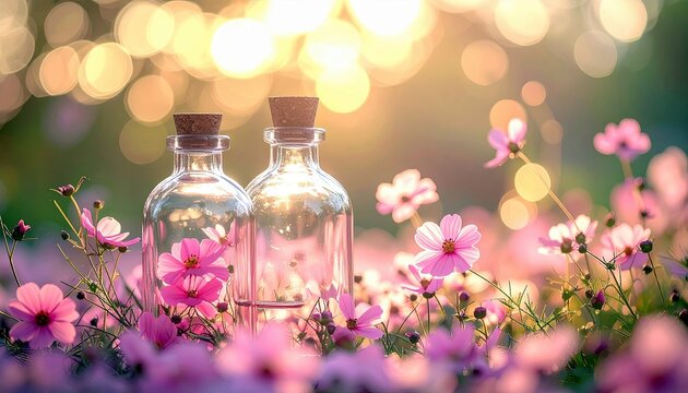 Two clear glass bottles with cork stoppers are nestled amongst delicate pink flowers in a sun-drenched meadow.