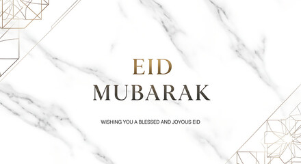 Eid Mubarak Greetings on Marble Background with Golden Ornaments for Islamic Holiday and Festivities Celebration with Wishes for Blessed and Joyous Eid