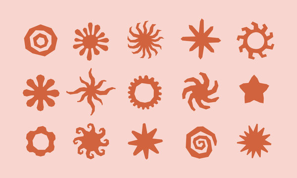 Groovy bold sun symbols for lofo, badge template. Cute simple hand drawn retro vector abstract design, shape