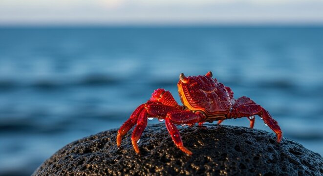 A vibrant red crab on a black rock with a blurred ocean background.