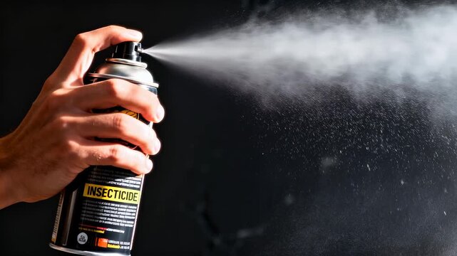 Person using an aerosol insecticide spray for pest control. Disinfection and fumigation in action against a dark background. Close-up shot.