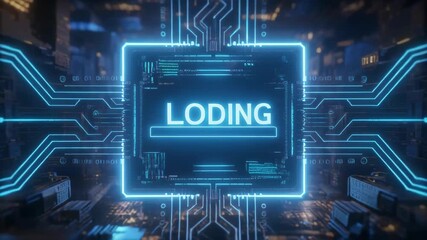 Futuristic digital circuit board with glowing blue lines and a central loading bar indicating data processing and technological advancement - Powered by Adobe