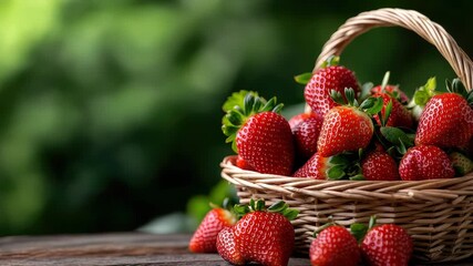 Wicker basket full of freshly harvested strawberries is sitting on wooden table outdoors, with blurred green foliage in background, creating rustic and natural scene