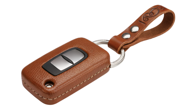Elegant handcrafted leather car key fob case with metal accents and decorative strap adds sophisticated style and protection to your vehicle accessory isolated on white or transparent png.