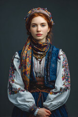 Studio Portrait of Young Slavic Woman in Detailed Traditional Blue and White Costume with Headscarf