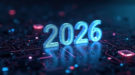 A futuristic image of the year two thousand twenty six on a circuit board with neon lights and reflections, happy new year of 2026 ,holly day,