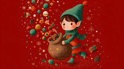 Adorable Cartoon Christmas Elf Character Pushing a Big Sack of Holiday Presents and Ornaments on Red Background