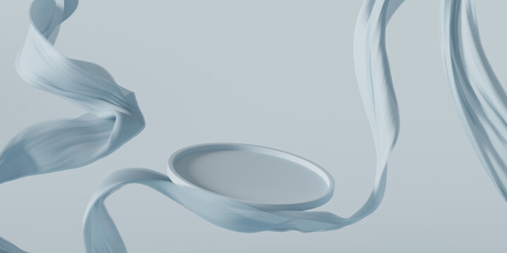 3D display podium, blue background with pedestal and flying nude color silk cloth curtain.Nature wind. Beauty, cosmetic product presentation stand. Luxury feminine mockup 3d render advertisement	
