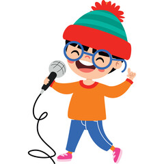 Cheerful Cartoon Boy Wearing A Beanie And Glasses Sings Into A Microphone With A Transparent Background