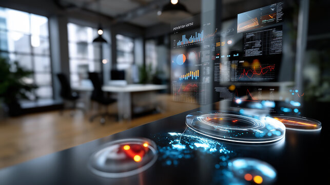 Defocused futuristic workspace with holographic charts floating in the air, concept of artificial intelligence and business strategy for 2026, with copy space. - Powered by Adobe