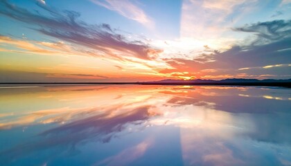 Fototapeta premium A stunning sunset paints the sky with vibrant colors, perfectly reflected in the still water below, creating a mirror image of the clouds and horizon.