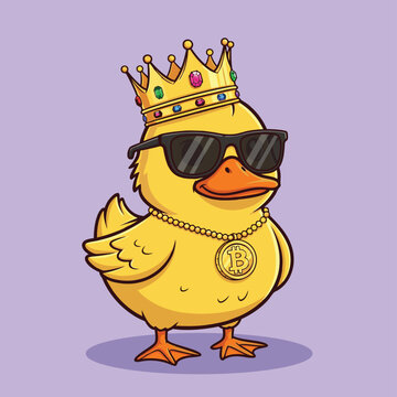 A cool cartoon yellow duck wearing a golden crown with jewels, black sunglasses, and a gold chain with a Bitcoin medallion.