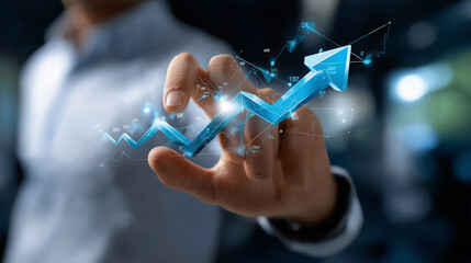 Faceless person adjusting 3D holographic graph with upward movement arrows, blurred background with blue tones representing financial progress in 2026, with copy space.