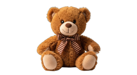 A Fluffy Brown Teddy Bear with a Striped Bow Sits Facing Forward Against a Transparent Background