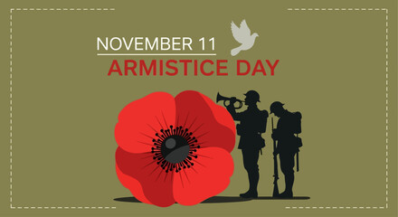 Remember Armistice Day this November 11th with this symbolic red poppy and silhouette of soldiers honoring the fallen, perfect for memorial events and remembrance campaigns