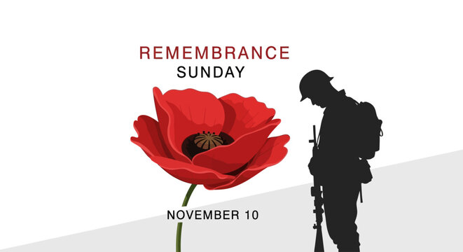 Honor Remembrance Sunday with a solemn tribute to veterans, symbolized by a vibrant red poppy and a silhouetted soldier, a powerful image for memorial events and commemorative designs