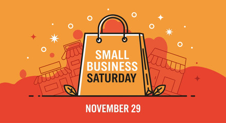 Promote Small Business Saturday with this cheerful design featuring a shopping bag and storefronts, perfect for social media campaigns, newsletters, and event promotions