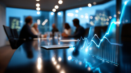 Defocused conference room with glowing blue line graphs projected onto glass, silhouettes of faceless people discussing business strategy, with copy space.