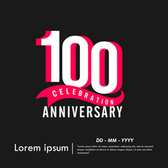 100th years anniversary celebration emblem. modern anniversary logo isolated with red ribbon on black background. vector illustration template design for web banner, flyers, poster, greeting card