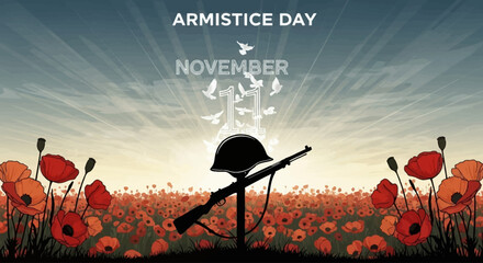 Remember Armistice Day with a poignant scene of poppies, doves, and a soldier's helmet, offering a moment of reflection and honoring the sacrifices made for peace